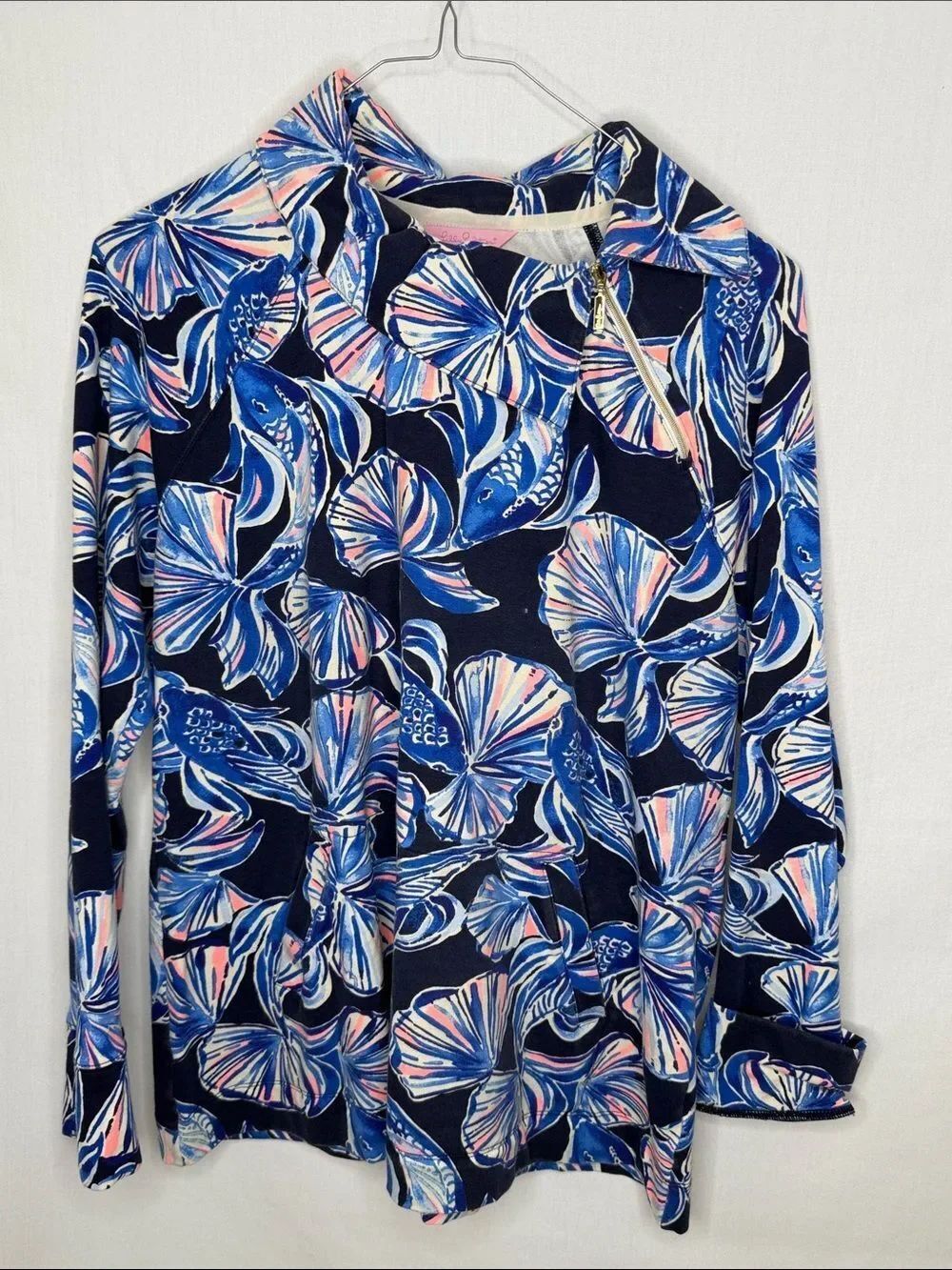 Lilly Pulitzer Navy Blue Floral Zip-Shoulder Pullover
